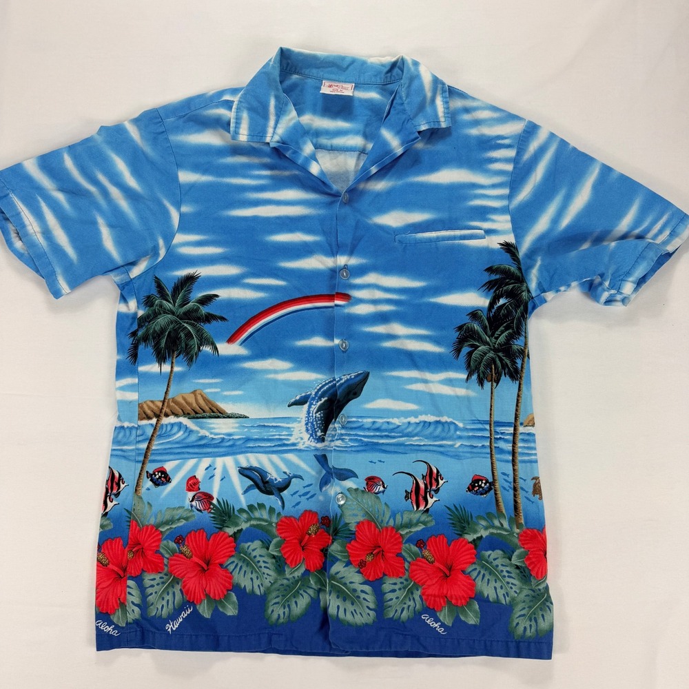Kalena Fashions Hawaii Button Up Shirt Tropical‎ Dolphin Print Blue Size M